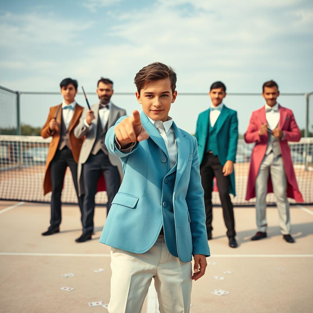 A realistic scene set on a light-colored tennis court with a net in the background