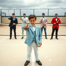 A realistic scene set on a light-colored tennis court with a net in the background