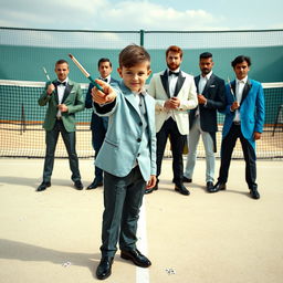 A realistic scene set on a light-colored tennis court with a net in the background