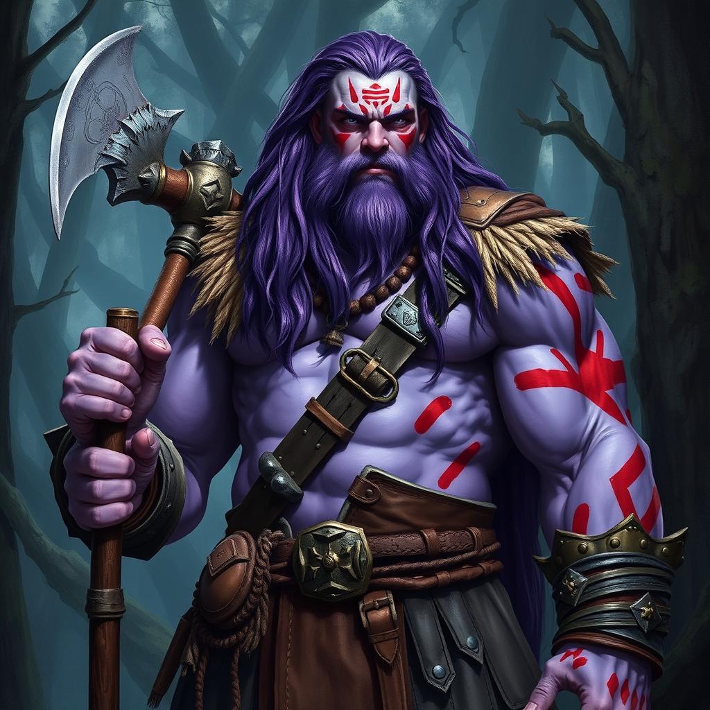 A tall, imposing Goliath man with long purple hair, showcasing light purple skin adorned with striking red war paint