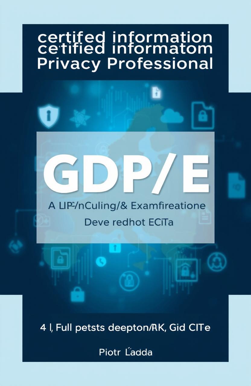 A book cover design for the title 'Certified Information Privacy Professional Europe (CIPP/E) - 4 Full Tests and Examination Guide' authored by 'Piotr Łada FIP, CIPP/US, CIPP/E, CIPM, CIPT'