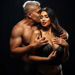 A 37-year-old Indonesian man with pure white skin embraces a beautiful 28-year-old woman with a sturdy and sexy body from behind in an affectionate yet slightly intimidating manner