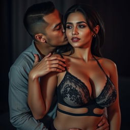 A 37-year-old Indonesian man with pure white skin embraces a beautiful 28-year-old woman with a sturdy and sexy body from behind in an affectionate yet slightly intimidating manner