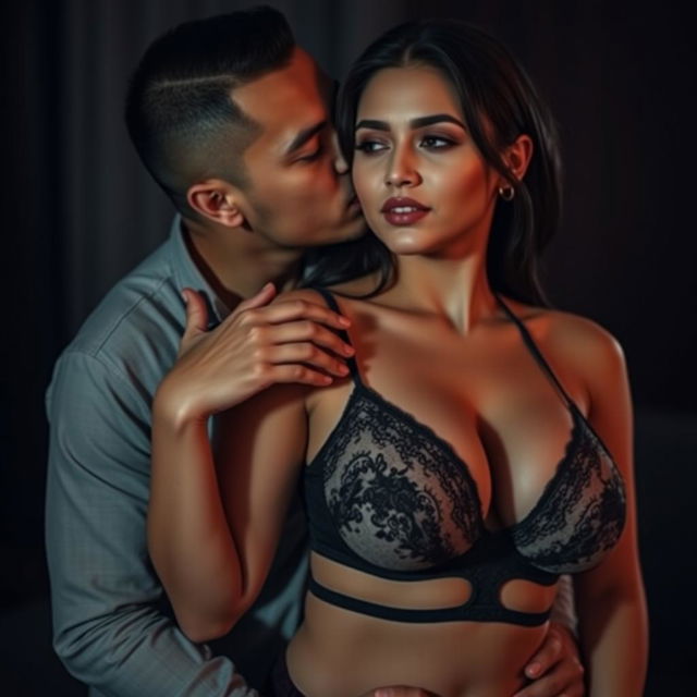 A 37-year-old Indonesian man with pure white skin embraces a beautiful 28-year-old woman with a sturdy and sexy body from behind in an affectionate yet slightly intimidating manner