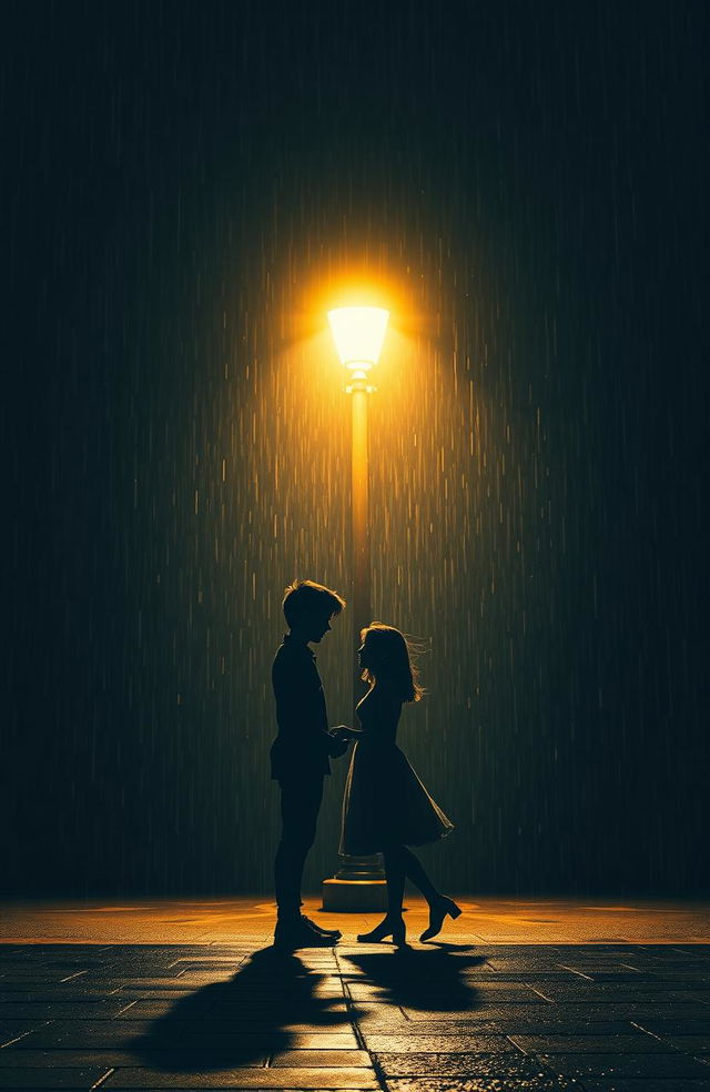 A romantic scene representing the seven stages of love, featuring a boy and girl sharing a moment under a glowing streetlight in the rain