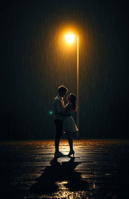 A romantic scene representing the seven stages of love, featuring a boy and girl sharing a moment under a glowing streetlight in the rain