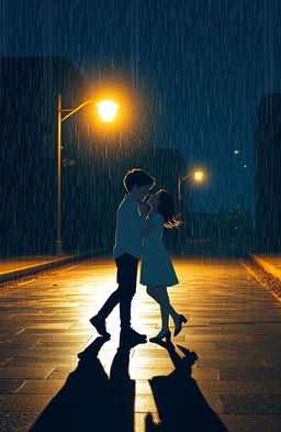 A romantic scene representing the seven stages of love, featuring a boy and girl sharing a moment under a glowing streetlight in the rain