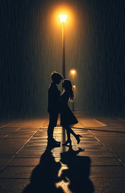 A romantic scene representing the seven stages of love, featuring a boy and girl sharing a moment under a glowing streetlight in the rain