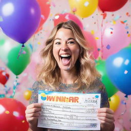 Eloise van Velthooven, cheerful and thrilled, holding a giant oversized lottery ticket declaring her the winner, surrounded by balloons and confetti.