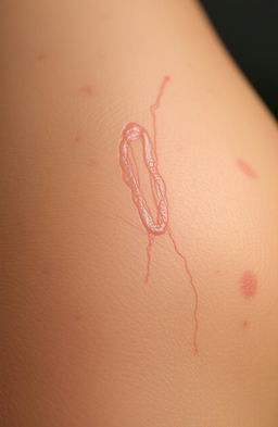 A close-up view of healed scars on human skin, depicting various textures and shades of the skin