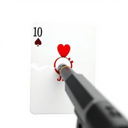 Close-up of a playing card, the ten of hearts, pierced by a bullet from a handgun