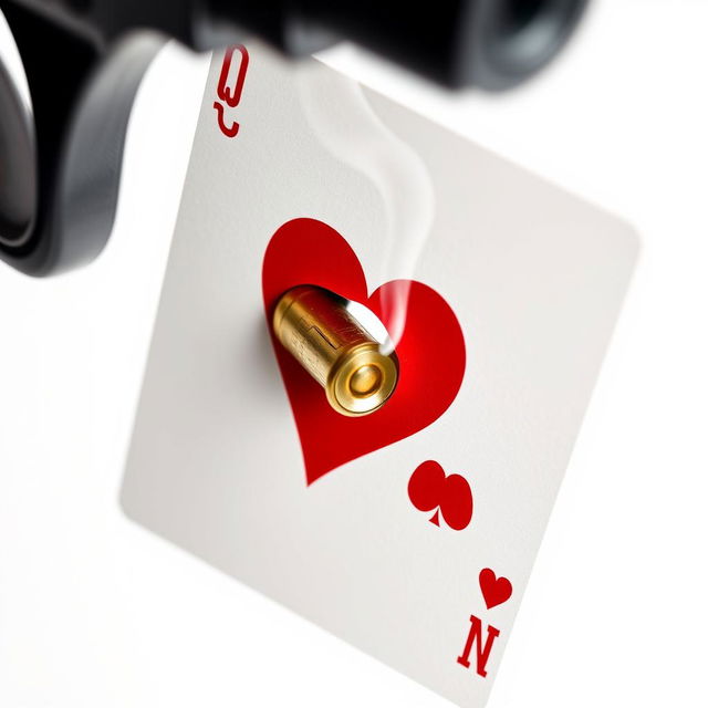 Close-up of a playing card, the ten of hearts, pierced by a bullet from a handgun