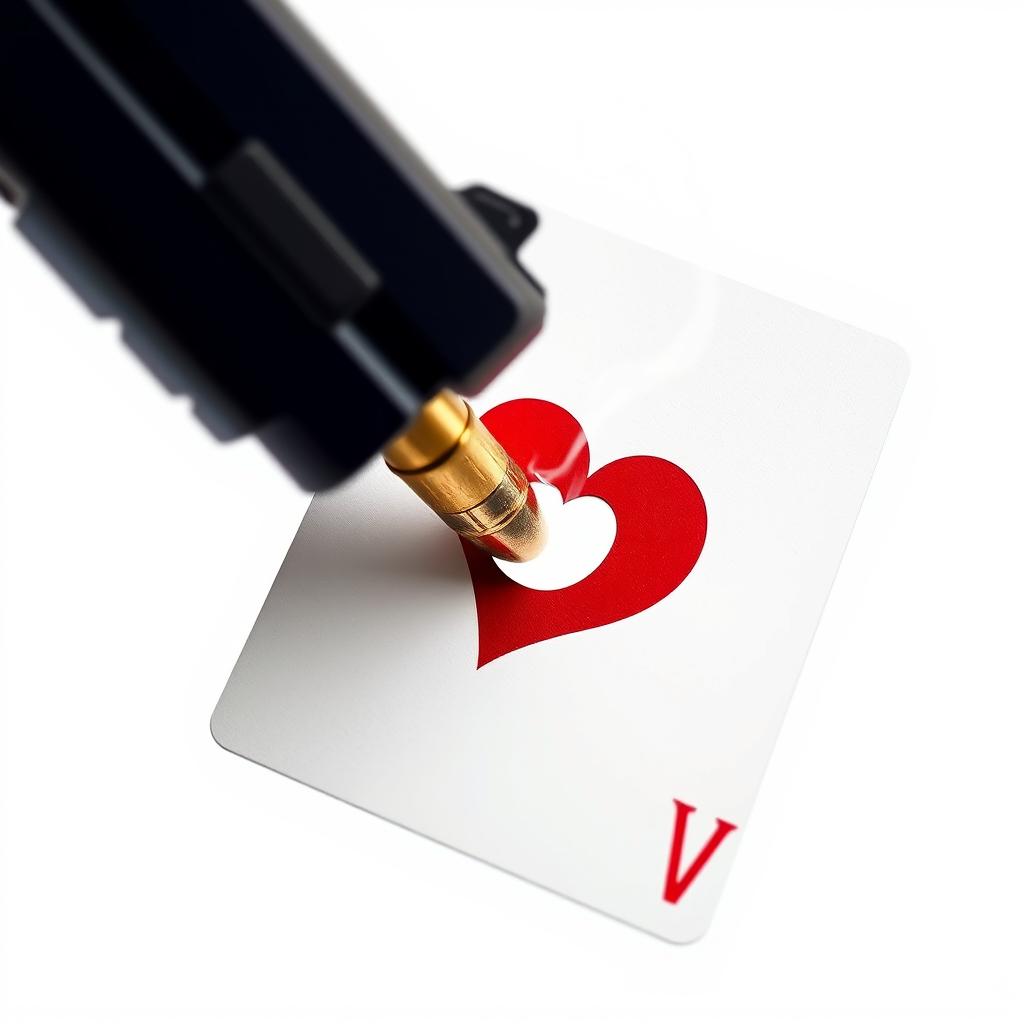 Close-up of a playing card, the ten of hearts, pierced by a bullet from a handgun