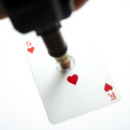 A close-up of a playing card, specifically the five of hearts, with a bullet hole in the center caused by a gunshot