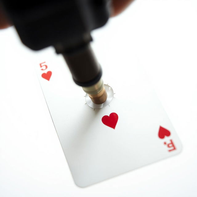 A close-up of a playing card, specifically the five of hearts, with a bullet hole in the center caused by a gunshot