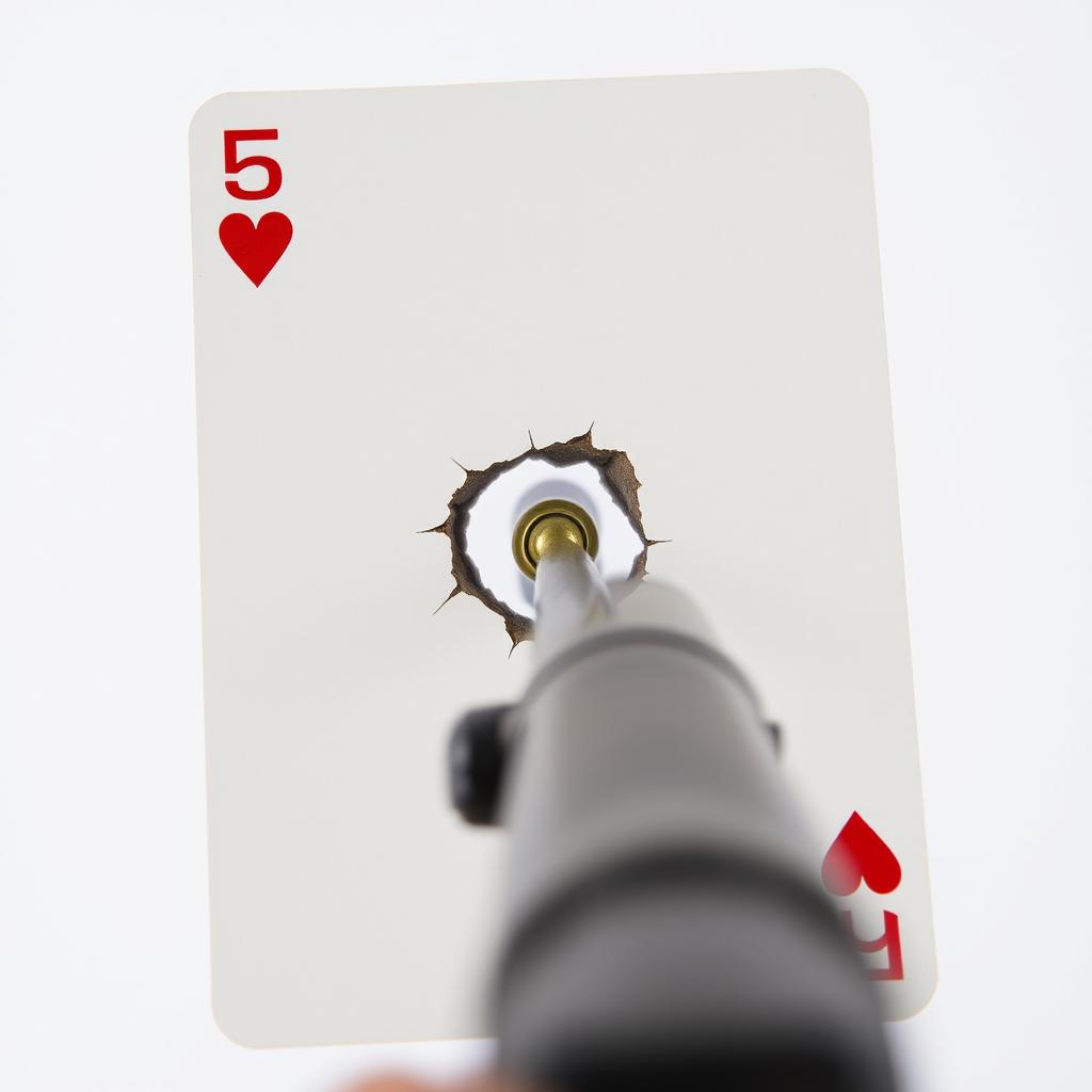 A close-up of a playing card, specifically the five of hearts, with a bullet hole in the center caused by a gunshot