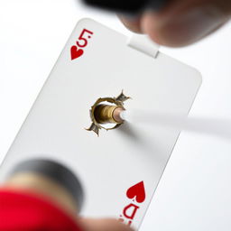 A close-up of a playing card, specifically the five of hearts, with a bullet hole in the center caused by a gunshot
