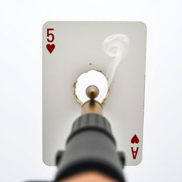 A close-up of a playing card, specifically the five of hearts, with a bullet hole in the center caused by a gunshot
