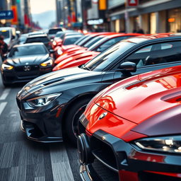 Realistic cars featuring prominent front spoilers, capturing various angles and designs, set against a dynamic urban backdrop
