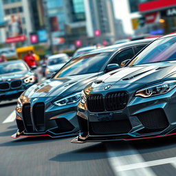 Realistic cars featuring prominent front spoilers, capturing various angles and designs, set against a dynamic urban backdrop