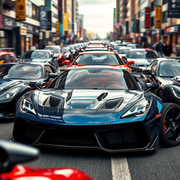 Realistic cars featuring prominent front spoilers, capturing various angles and designs, set against a dynamic urban backdrop