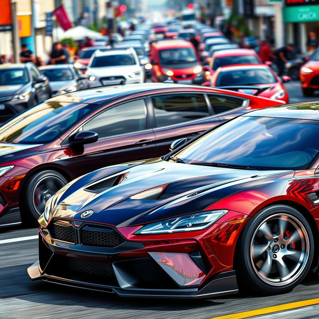 Realistic cars featuring prominent front spoilers, capturing various angles and designs, set against a dynamic urban backdrop