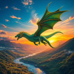 A majestic dragon soaring through a vibrant sunset sky, its scales shimmering in shades of emerald green and sapphire blue