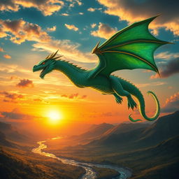 A majestic dragon soaring through a vibrant sunset sky, its scales shimmering in shades of emerald green and sapphire blue