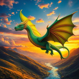 A majestic dragon soaring through a vibrant sunset sky, its scales shimmering in shades of emerald green and sapphire blue