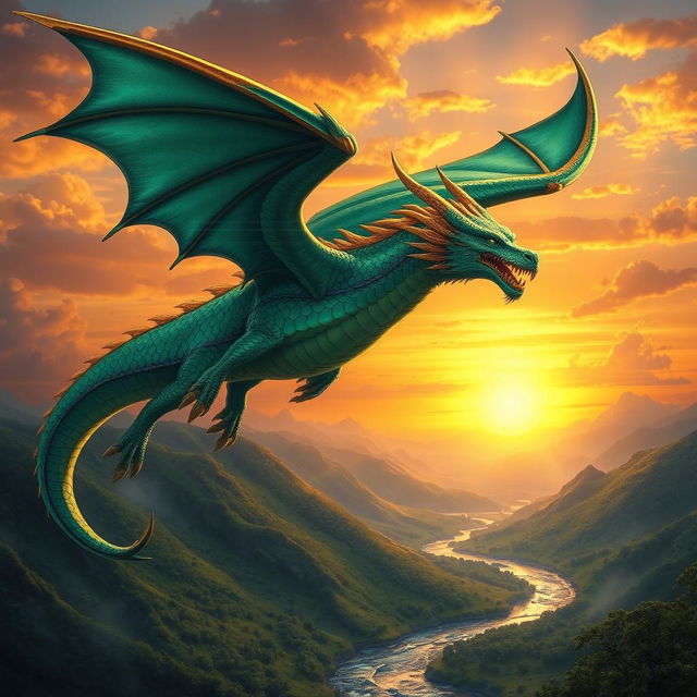 A majestic dragon soaring through a vibrant sunset sky, its scales shimmering in shades of emerald green and sapphire blue