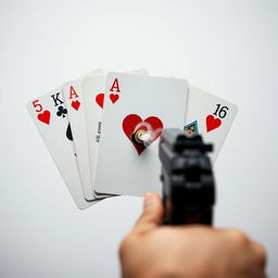 A close-up of five playing cards: the five of hearts, the four of clovers, the ace of diamonds, the six of spades, and the ten of hearts