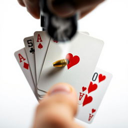 A close-up of five playing cards: the five of hearts, the four of clovers, the ace of diamonds, the six of spades, and the ten of hearts