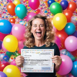 Eloise van Velthooven, cheerful and thrilled, holding a giant oversized lottery ticket declaring her the winner, surrounded by balloons and confetti.