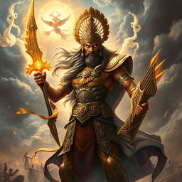 A majestic depiction of Ashwatthama, the legendary warrior from ancient Indian mythology, standing tall in his battle armor