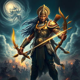 A majestic depiction of Ashwatthama, the legendary warrior from ancient Indian mythology, standing tall in his battle armor