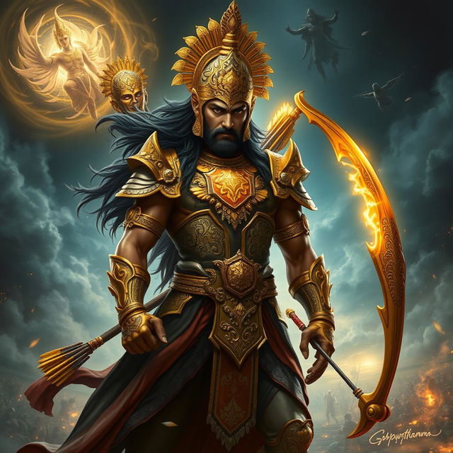 A majestic depiction of Ashwatthama, the legendary warrior from ancient Indian mythology, standing tall in his battle armor