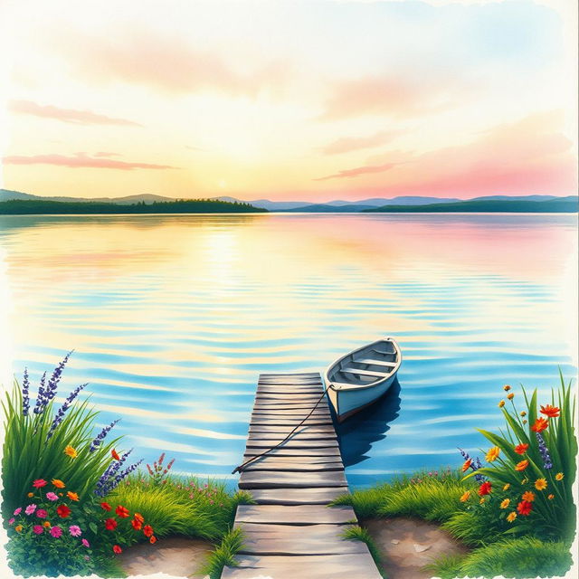 A beautiful watercolor painting depicting a serene lakeside scene for a book cover