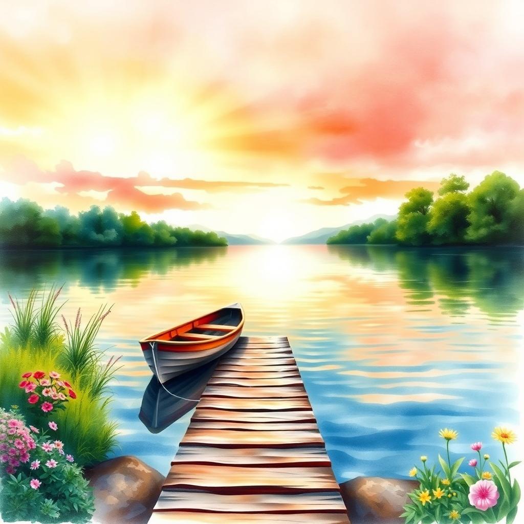 A beautiful watercolor painting depicting a serene lakeside scene for a book cover