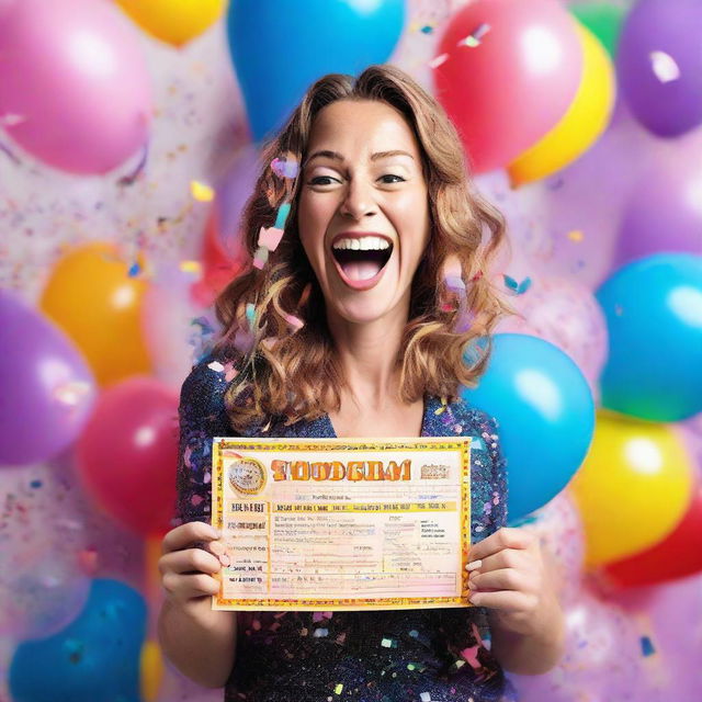 Eloise van Velthooven, cheerful and thrilled, holding a giant oversized lottery ticket declaring her the winner, surrounded by balloons and confetti.