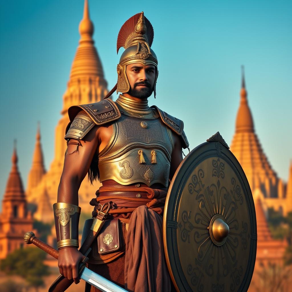 An artistic representation of a Burmese warrior from the Bagan period, exuding confidence while standing in front of the majestic Bagan temples