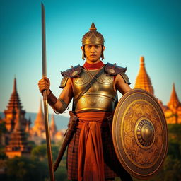 An artistic representation of a Burmese warrior from the Bagan period, exuding confidence while standing in front of the majestic Bagan temples