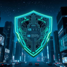 A futuristic cyber shield design, glowing with neon blue and green lights, featuring intricate circuit patterns and a holographic interface that displays data and information