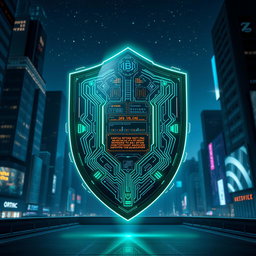 A futuristic cyber shield design, glowing with neon blue and green lights, featuring intricate circuit patterns and a holographic interface that displays data and information