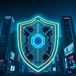 A futuristic cyber shield design, glowing with neon blue and green lights, featuring intricate circuit patterns and a holographic interface that displays data and information