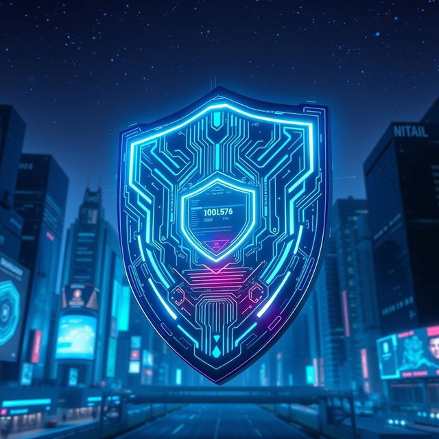 A futuristic cyber shield design, glowing with neon blue and green lights, featuring intricate circuit patterns and a holographic interface that displays data and information
