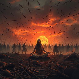 A powerful and emotional representation of the Mahabharata battlefield during the Kurukshetra war, capturing the tragic moment of Guru Dronacharya's death