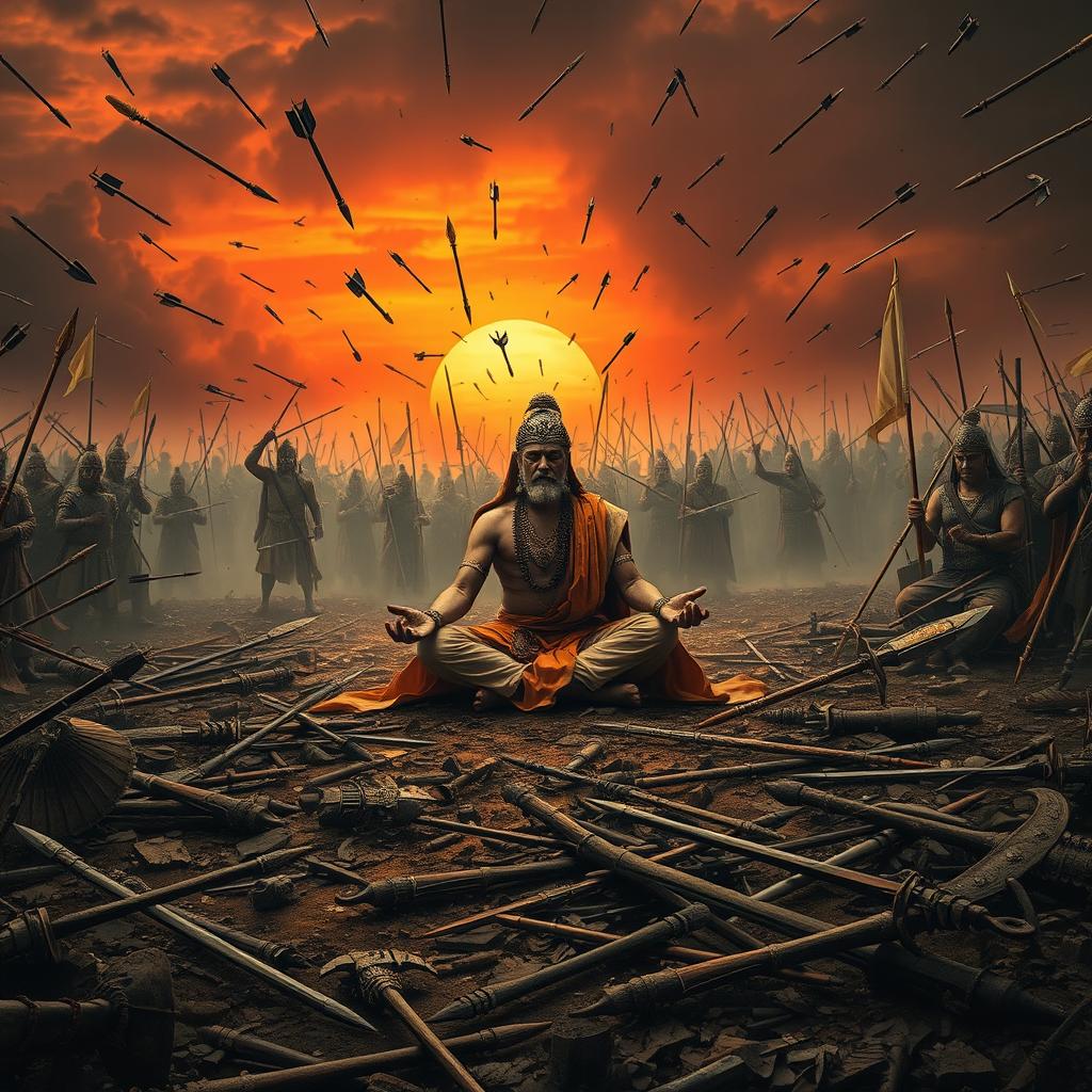 A powerful and emotional representation of the Mahabharata battlefield during the Kurukshetra war, capturing the tragic moment of Guru Dronacharya's death