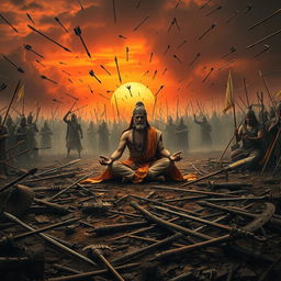 A powerful and emotional representation of the Mahabharata battlefield during the Kurukshetra war, capturing the tragic moment of Guru Dronacharya's death