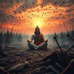 A powerful and emotional representation of the Mahabharata battlefield during the Kurukshetra war, capturing the tragic moment of Guru Dronacharya's death