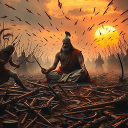 A powerful and emotional representation of the Mahabharata battlefield during the Kurukshetra war, capturing the tragic moment of Guru Dronacharya's death
